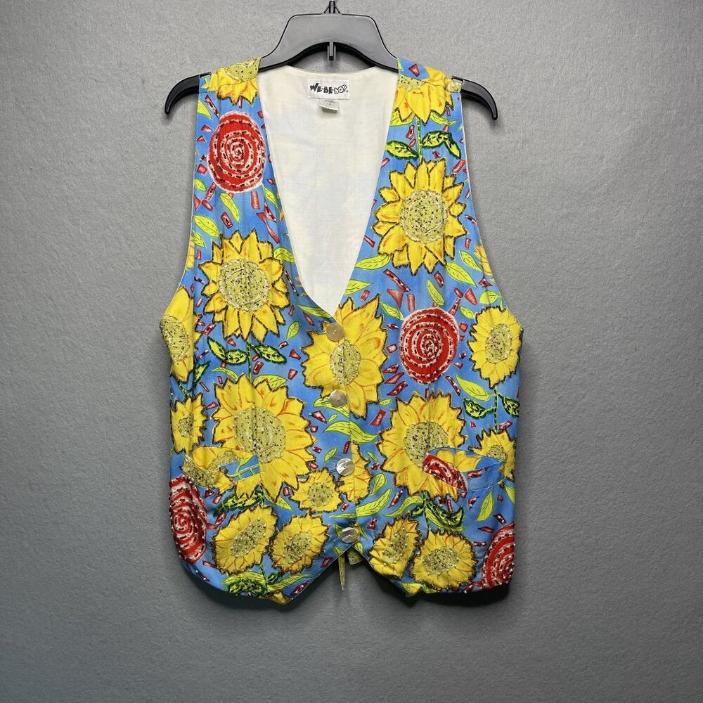 We-Be-Bop Womens 1X Blue Sunflower & Swirl Print Sleeveless Button-Down Vest